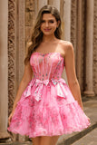 Strapless Pink Corset Floral A-Line Homecoming Dress With Bows