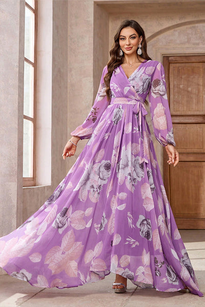 Berylove Women Purple A Line Maxi Dress V Neck Long Sleeve Pleated Floral Wedding Guest Dress, Purple / XL Berylove Women Purple A Line Maxi Dress V Neck Long Sleeve Pleated Floral Wedding Guest Dress, Purple / XL