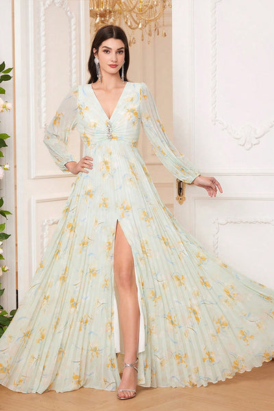 Berylove Women Light Green V Neck Pleated Maxi Dress A Line Long Sleeve Floral Wedding Guest Dress with Slit Berylove Women Light Green V Neck Pleated Maxi Dress A Line Long Sleeve Floral Wedding Guest Dress with Slit