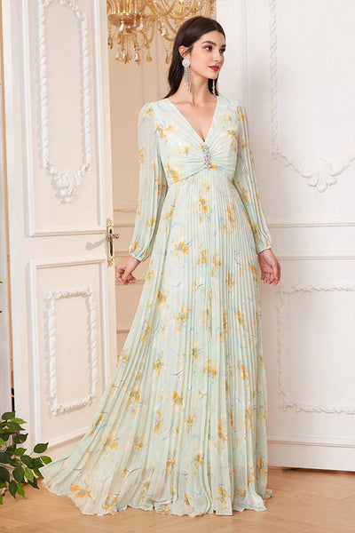 Berylove Women Light Green V Neck Pleated Maxi Dress A Line Long Sleeve Floral Wedding Guest Dress with Slit, Light Green / S Berylove Women Light Green V Neck Pleated Maxi Dress A Line Long Sleeve Floral Wedding Guest Dress with Slit, Light Green / S