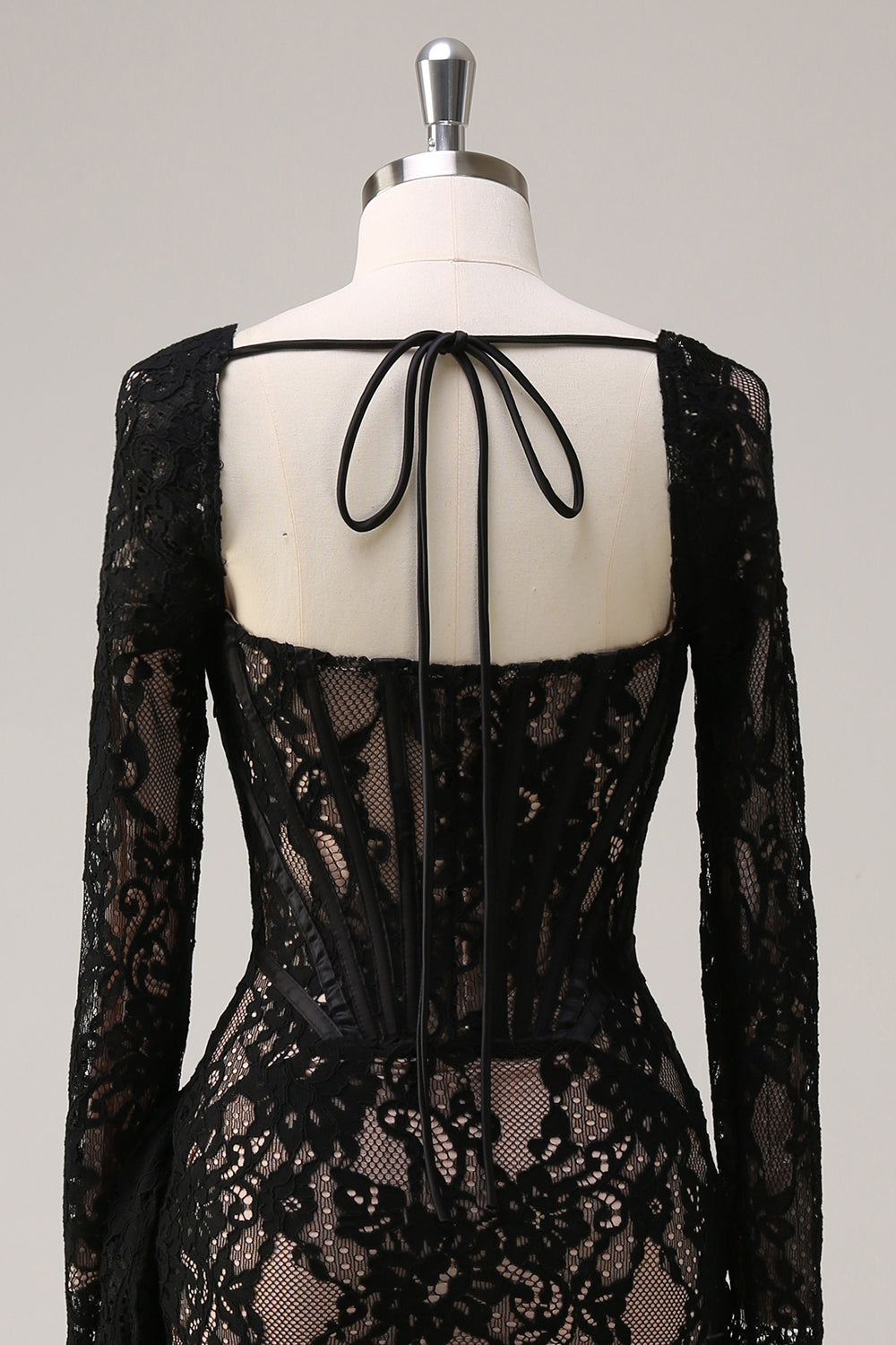Black Corset Lace Mini Dress with Long Sleeves