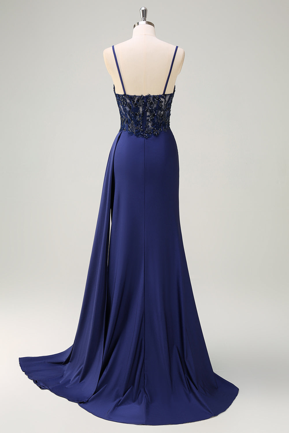 Navy Beaded Applique Spaghetti Straps Mermaid Prom Dress with Slit