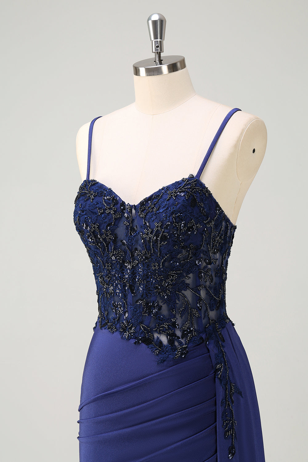 Navy Beaded Applique Spaghetti Straps Mermaid Prom Dress with Slit