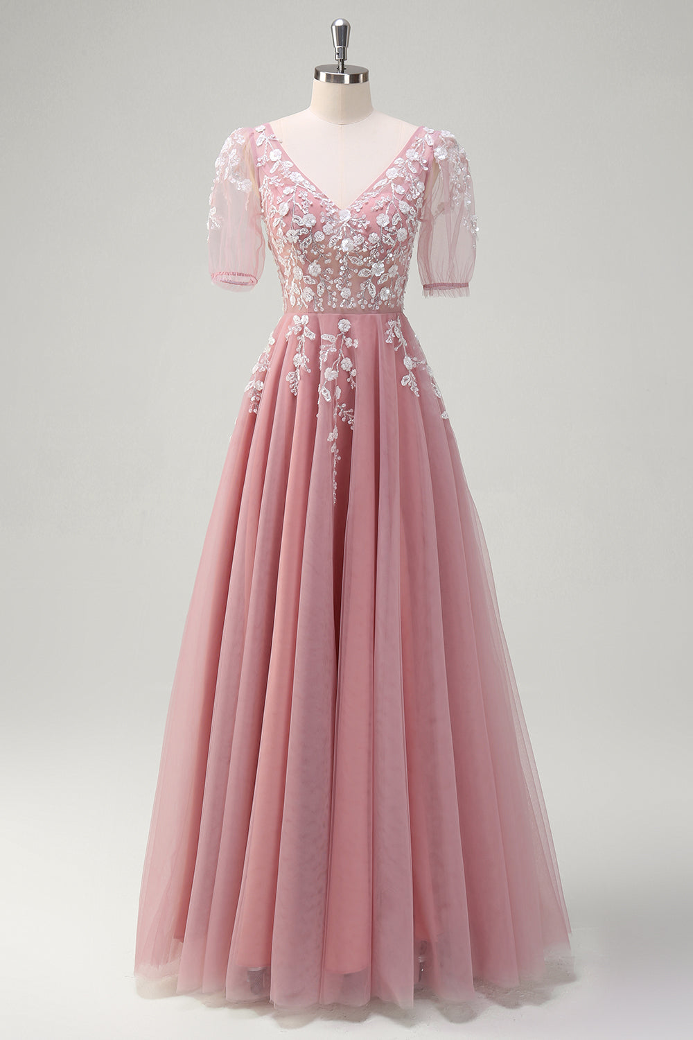 A Line V Neck Sequined Appliqued Tulle Blush Prom Dress with Short Sleeves