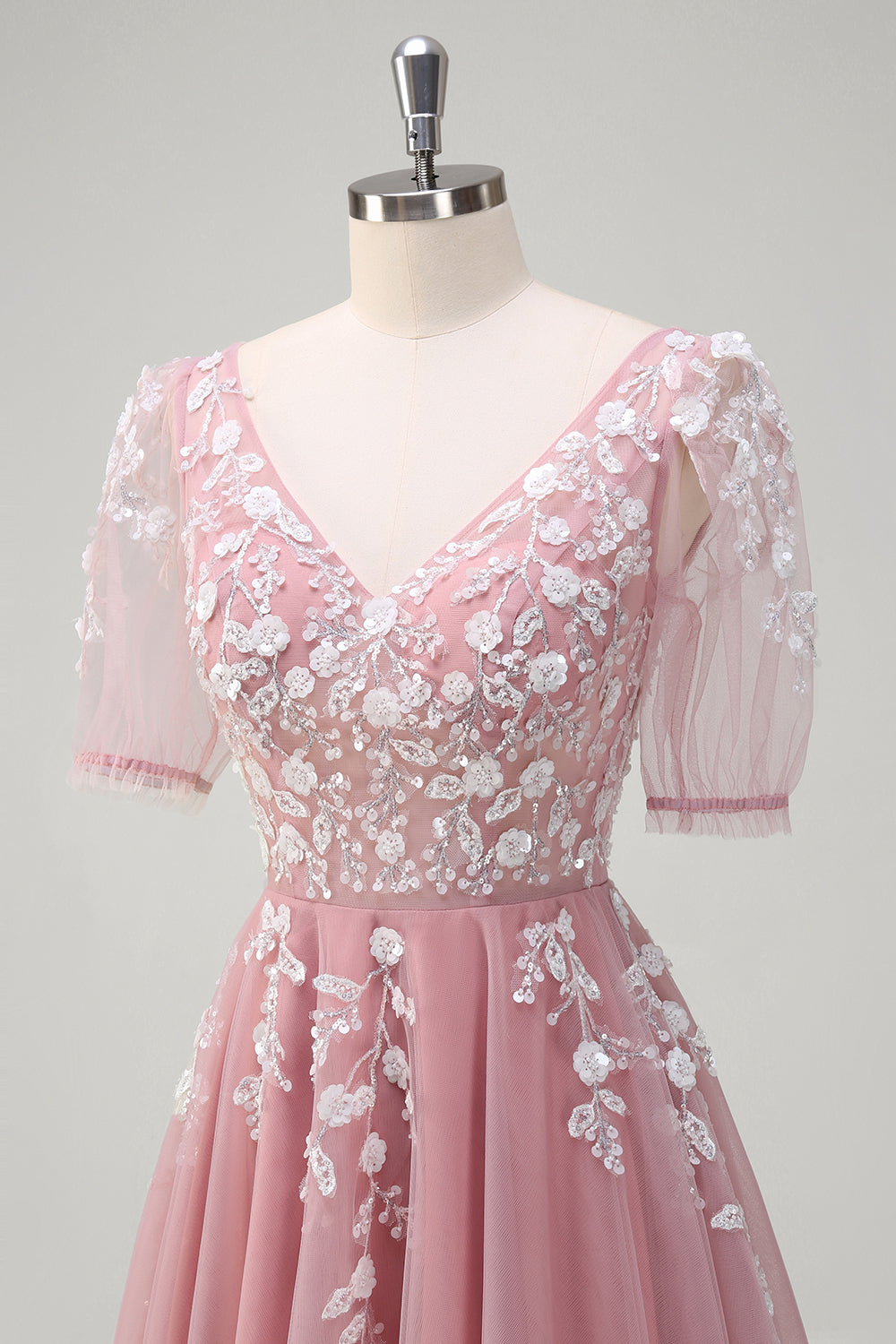 A Line V Neck Sequined Appliqued Tulle Blush Prom Dress with Short Sleeves