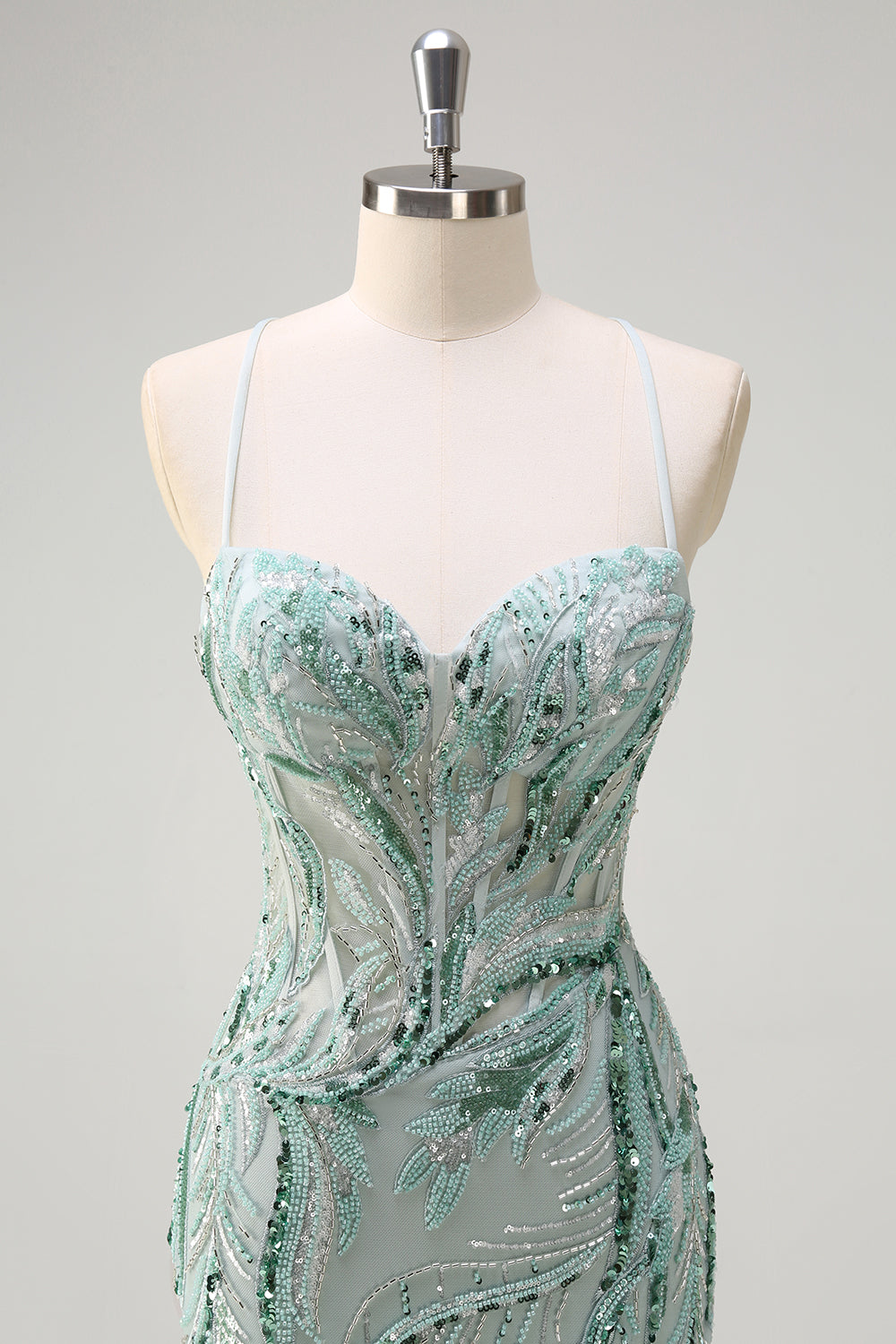 Beaded Mermaid Lace-up Back Sage Prom Dress with Slit