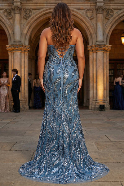 Berylove Women Blue Plus Size Prom Dress Mermaid Sequin Lace Up Back