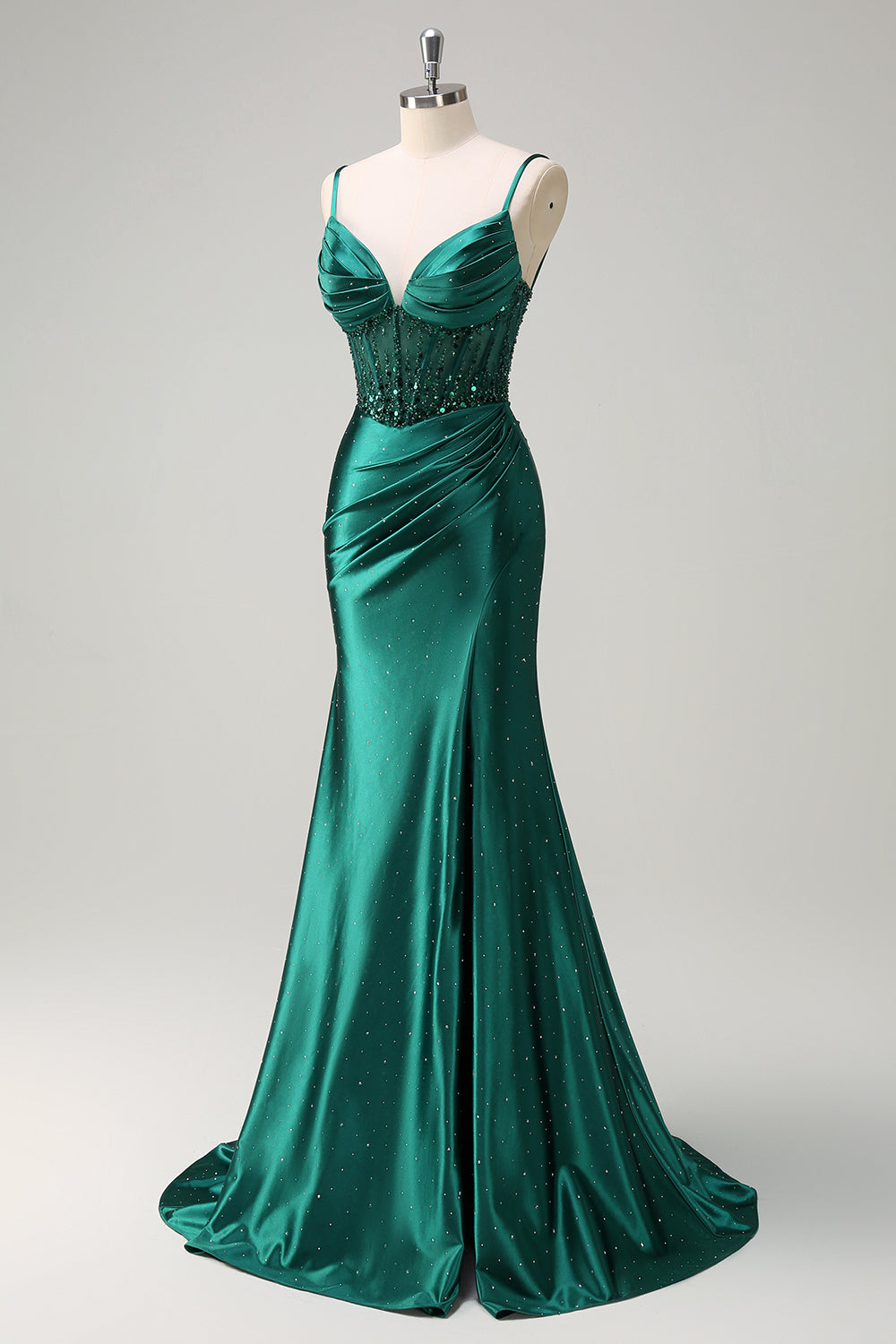 Dark Green Corset Sequined Slit Mermaid Prom Dress with Beading