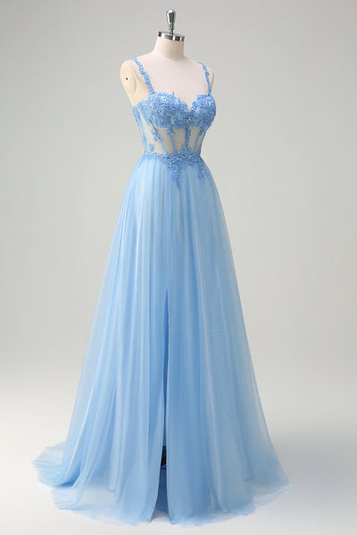 Crystals Cap Sleeves Glitter Blue A-Line Pageant Dress