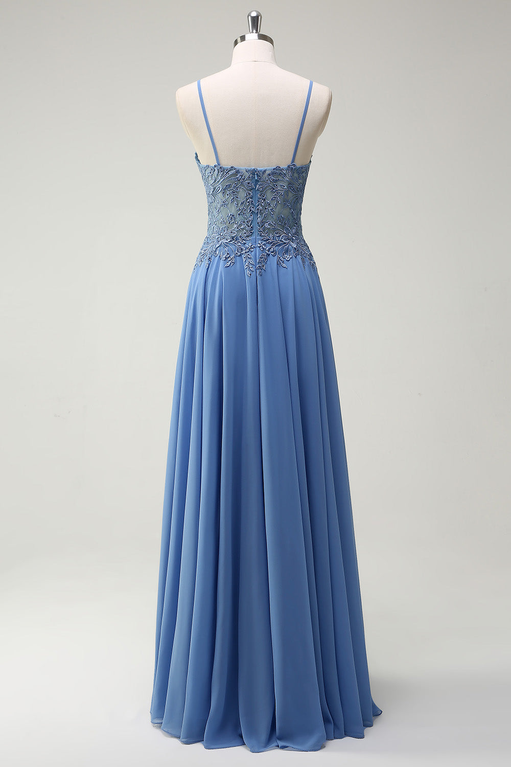 Dusty Blue A Line Pleated Prom Dress with Appliques
