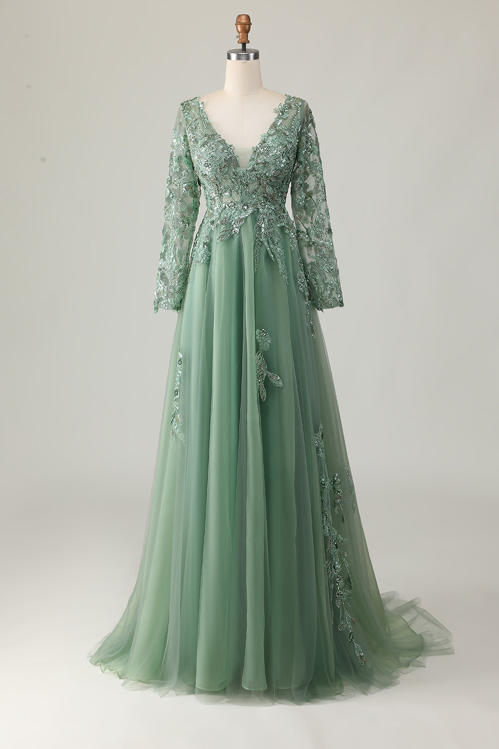 Sage A Line Long Sleeve Prom Dress with Appliques