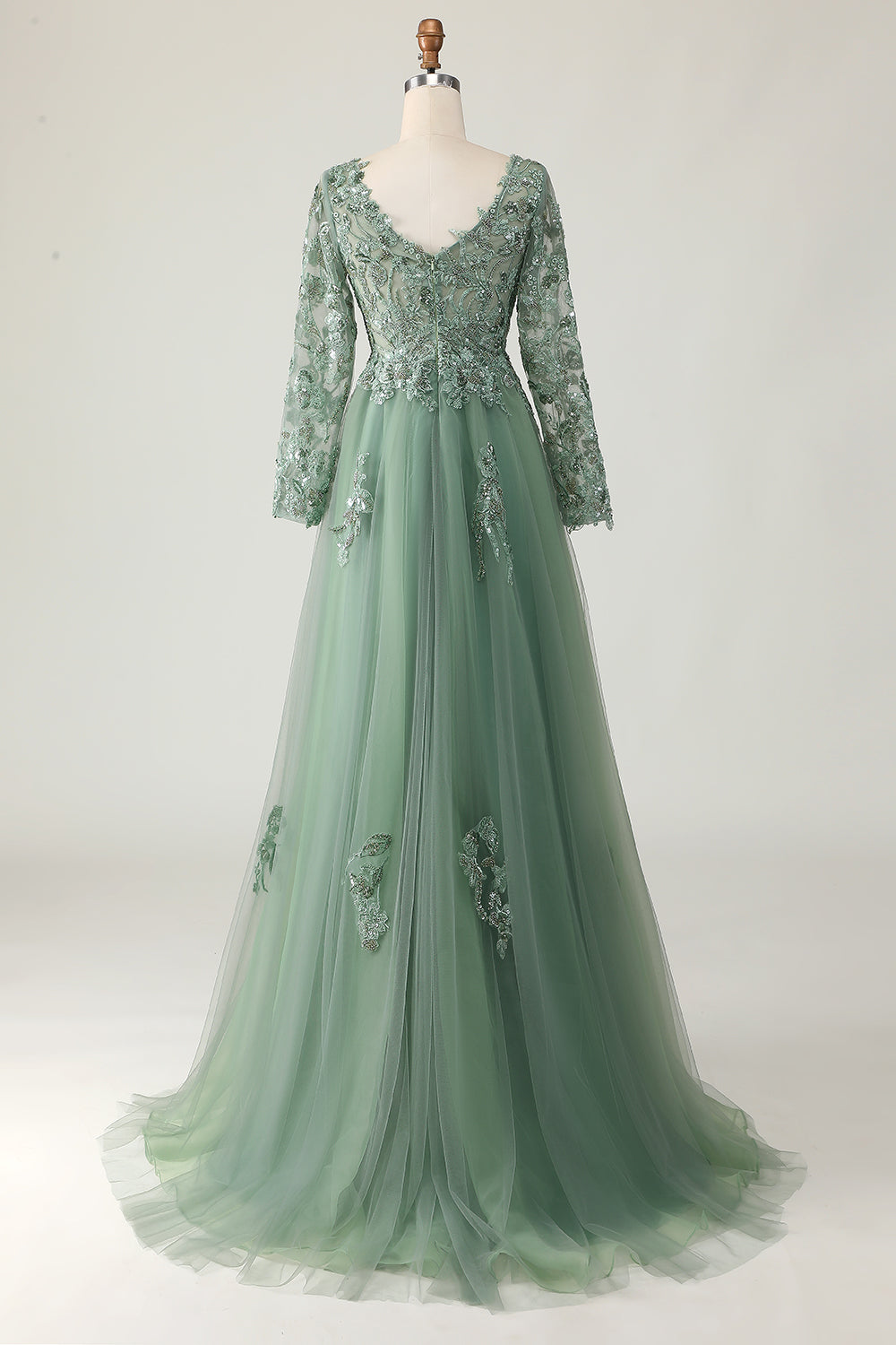 Sage A Line Long Sleeve Prom Dress with Appliques