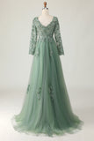 Sage A Line Long Sleeve Prom Dress with Appliques