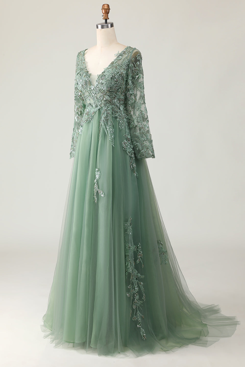 Sage A Line Long Sleeve Prom Dress with Appliques