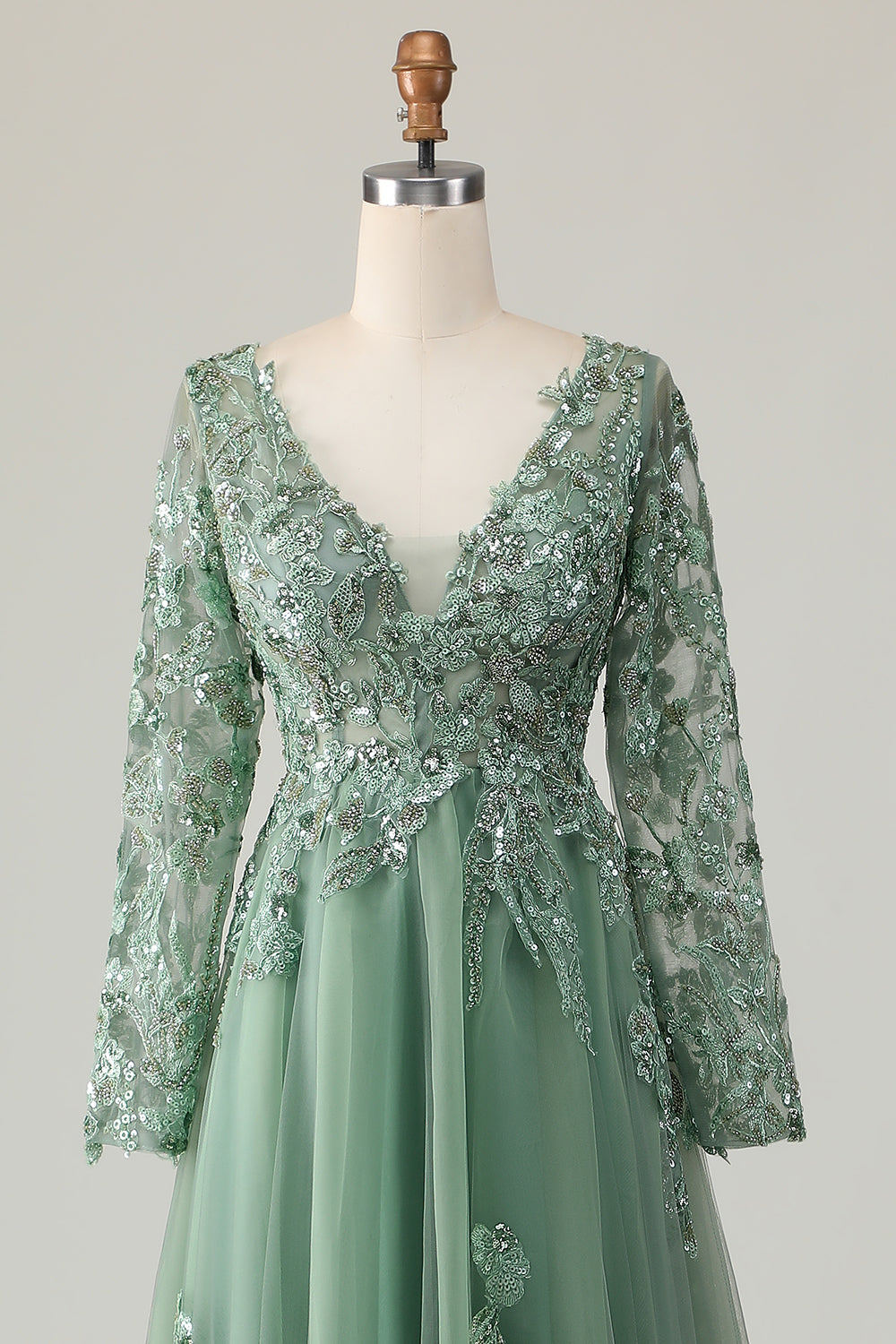 Sage A Line Long Sleeve Prom Dress with Appliques
