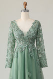 Sage A Line Long Sleeve Prom Dress with Appliques
