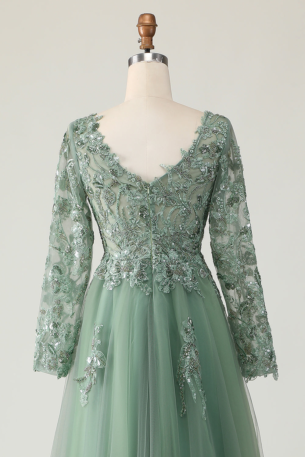 Sage A Line Long Sleeve Prom Dress with Appliques