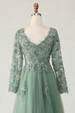 Sage A Line Long Sleeve Prom Dress with Appliques