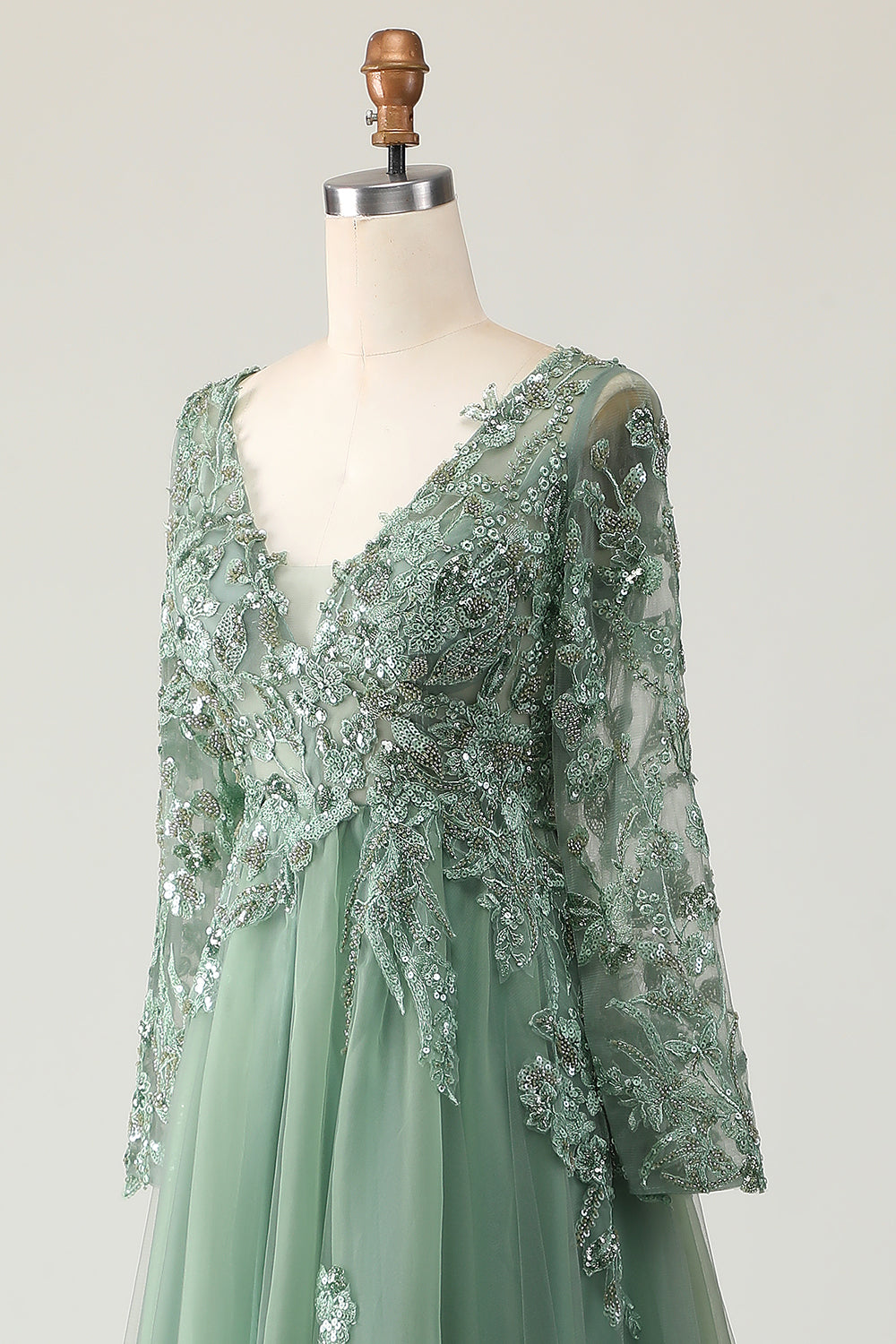 Sage A Line Long Sleeve Prom Dress with Appliques
