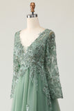 Sage A Line Long Sleeve Prom Dress with Appliques