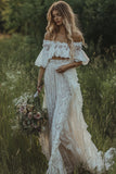 Ivory Off the Shoulder 2 Piece Lace Boho Wedding Dress