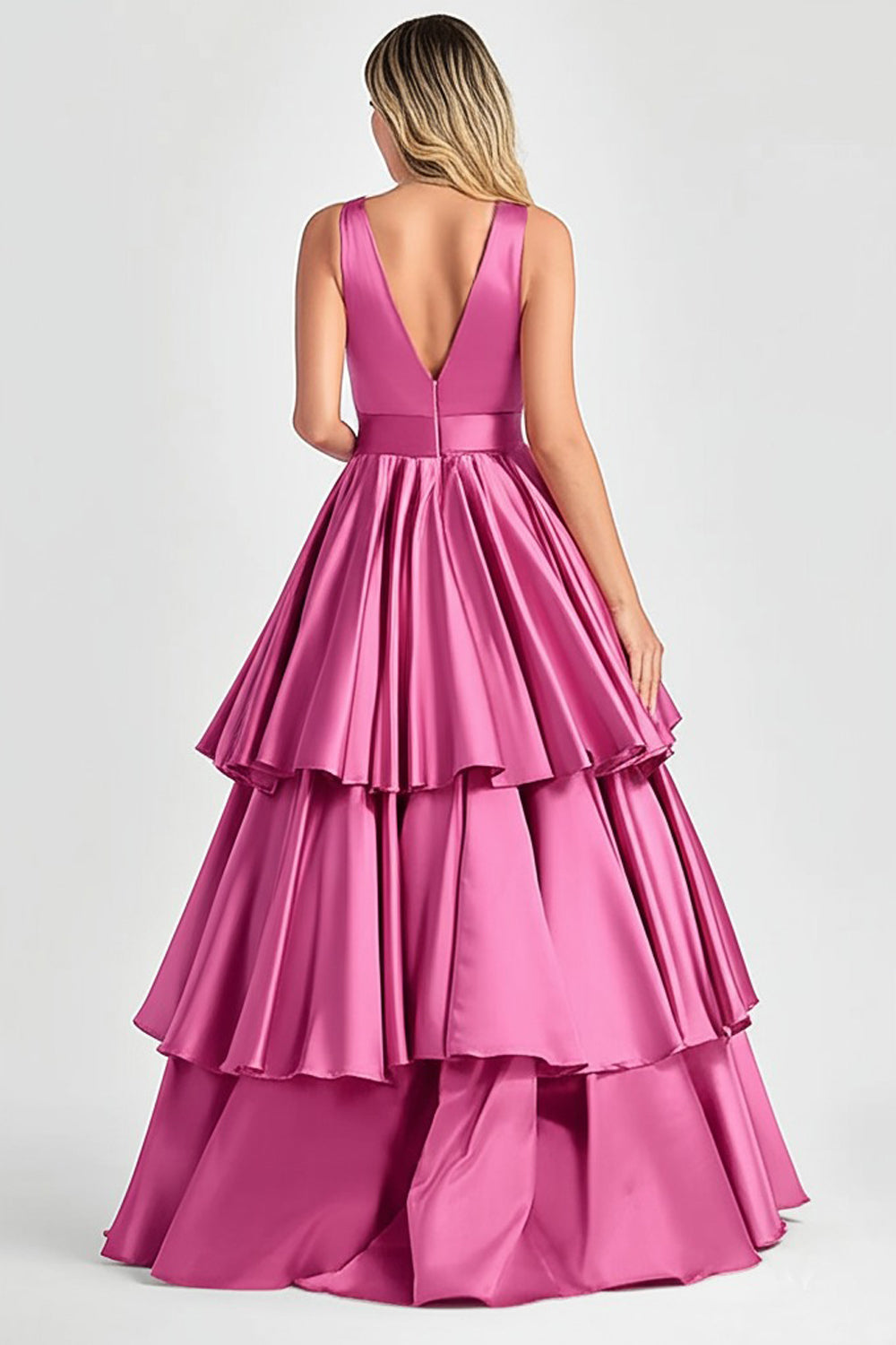 Tiered V Neck Fuchsia A Line Formal Dress
