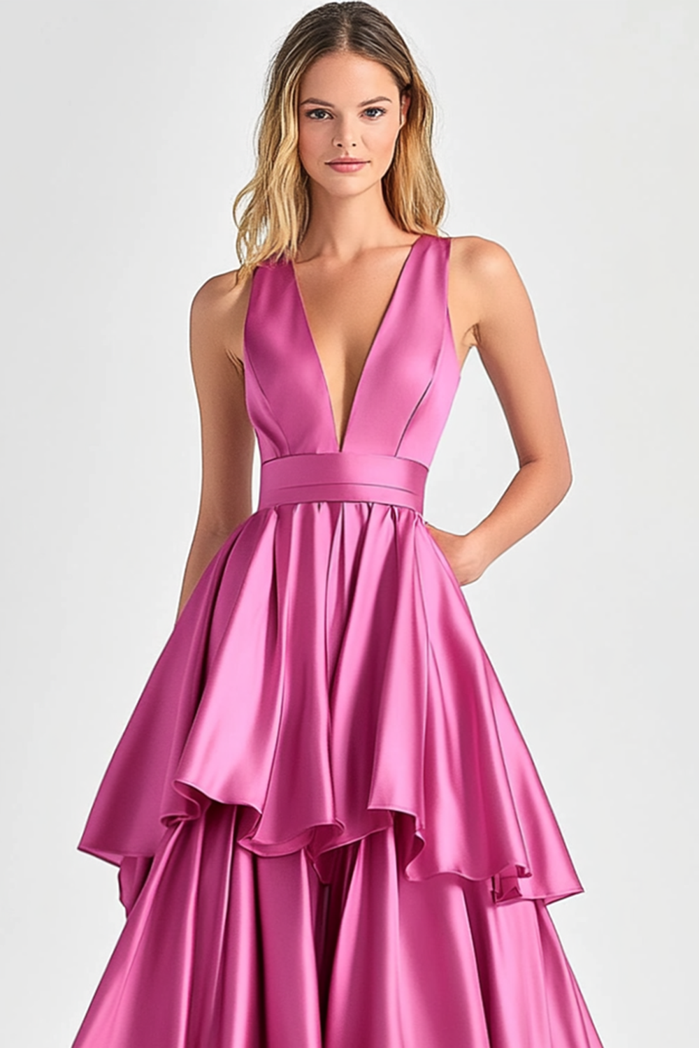 Tiered V Neck Fuchsia A Line Formal Dress
