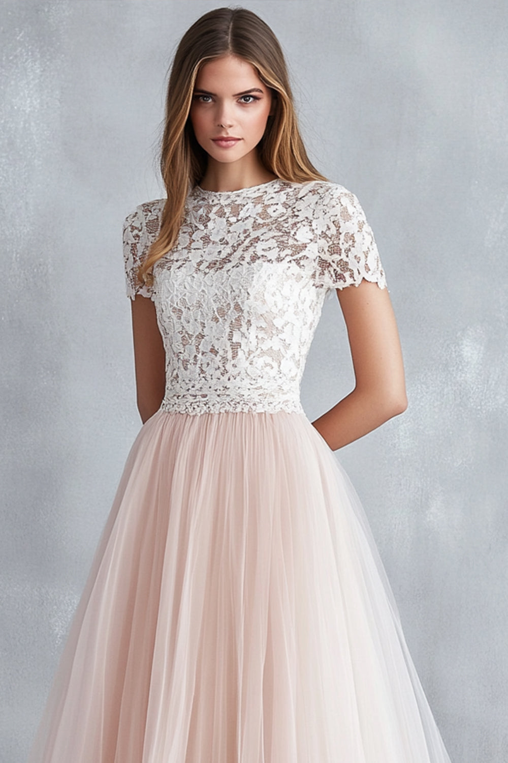Light Pink A Line Tulle Lace Bridesmaid Dress with Short Sleeves