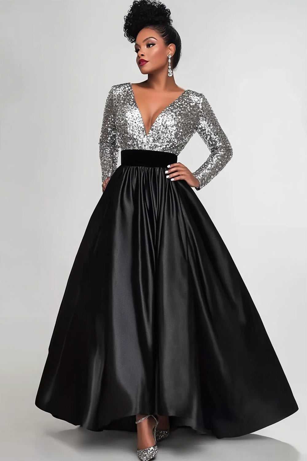 Black Silver V Neck Sequin Mother of the Bride Dress with Long Sleeves