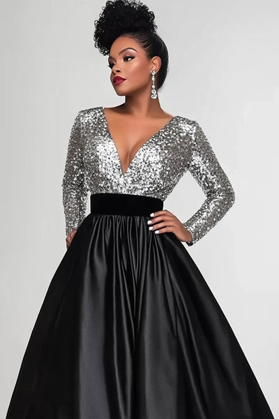 black and silver long dress Elegant Lace Prom Dress, A-Line Square Neck Part while the deep sweetheart neckline frames your collarbone beautifully Shine Tonight Maxi Dress |
