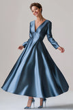 Satin A Line V Neck Long Sleeve Blue Mother of the Bride Dress