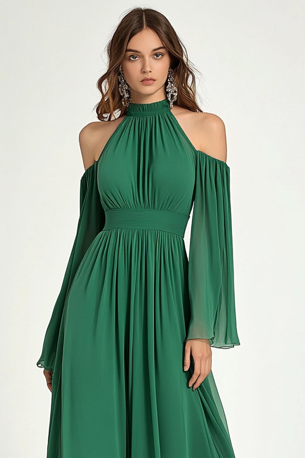 Chiffon A Line Cold Shoulder Long Sleeve Green Formal Dress