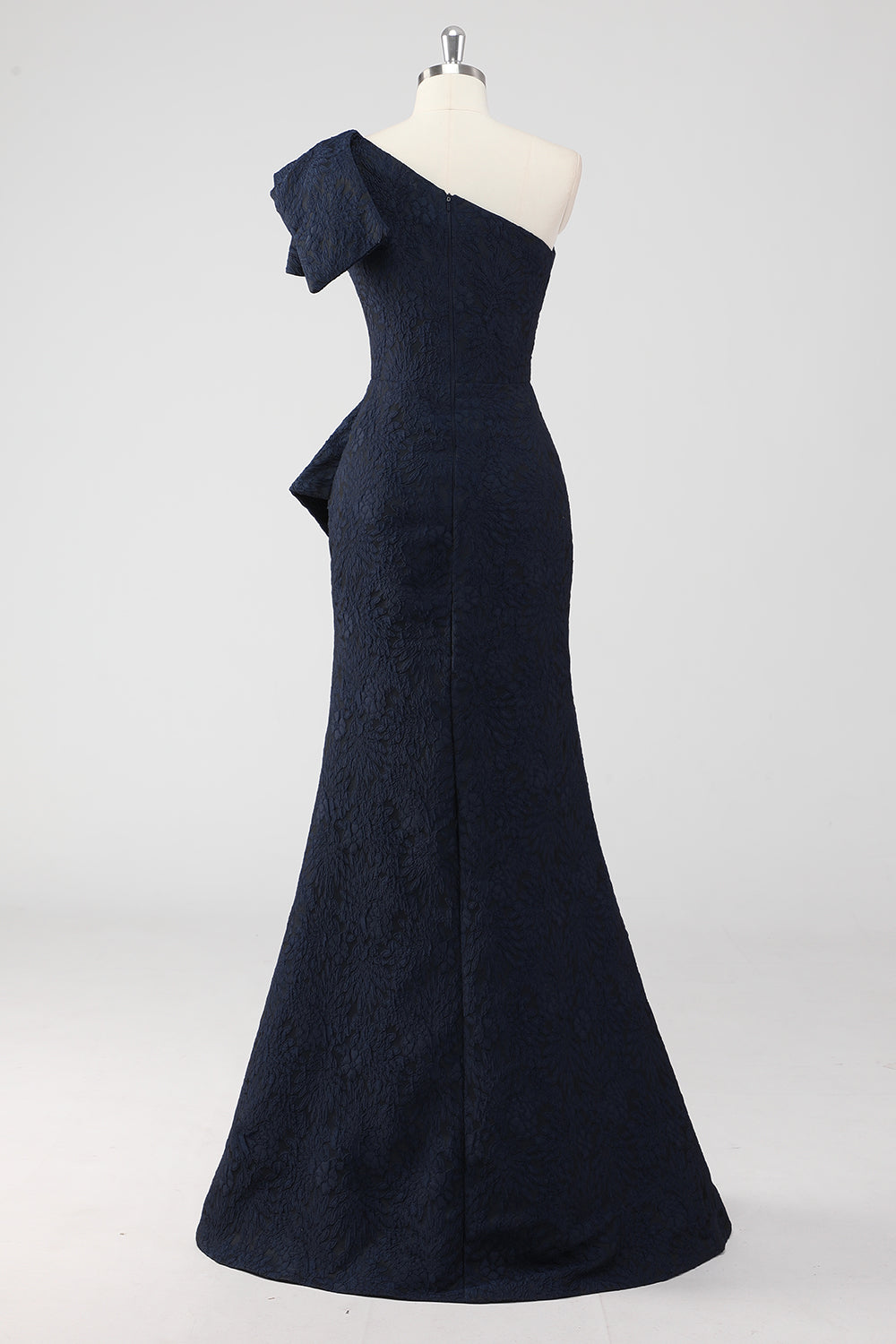 One Shoulder Jacquard Ruffle Mermaid Navy Formal Dress with Slit