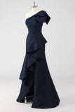 One Shoulder Jacquard Ruffle Mermaid Navy Formal Dress with Slit