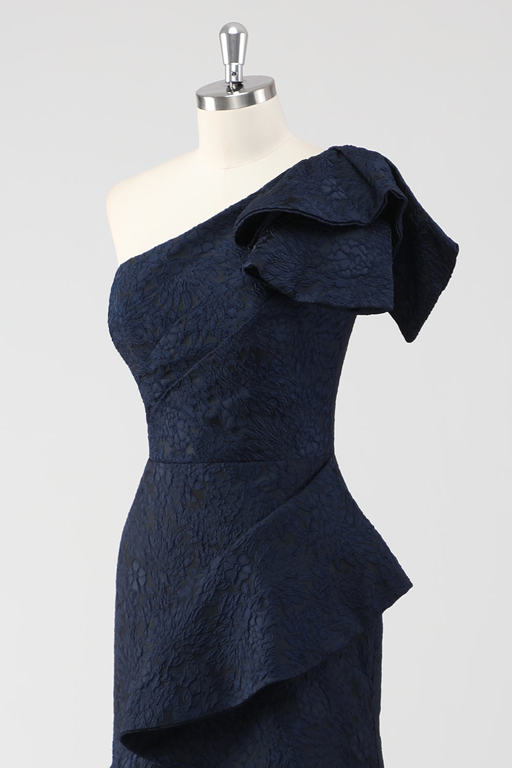 One Shoulder Jacquard Ruffle Mermaid Navy Formal Dress with Slit