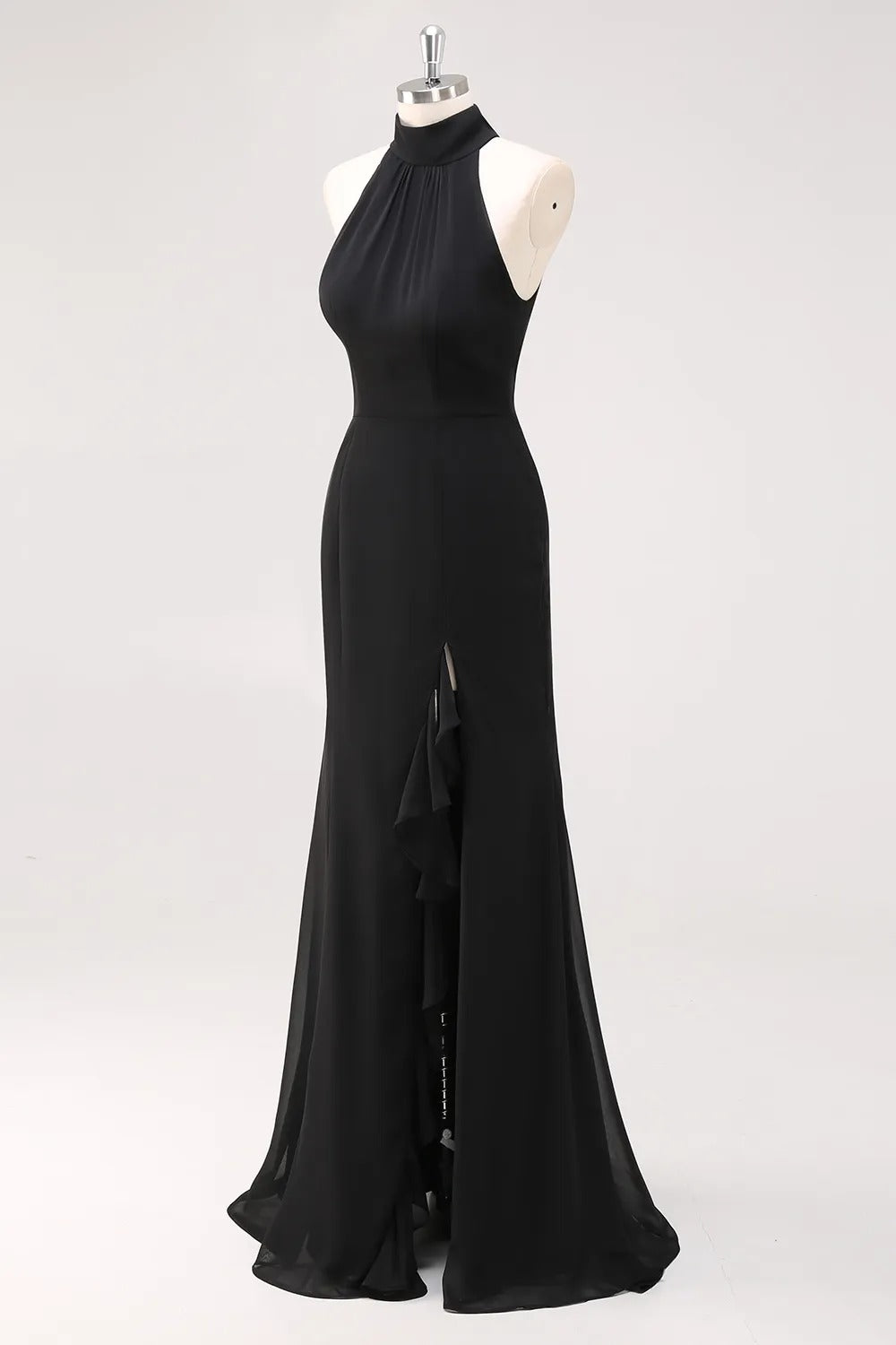 Halter Ruffle Mermaid Black Tie Dress with Slit