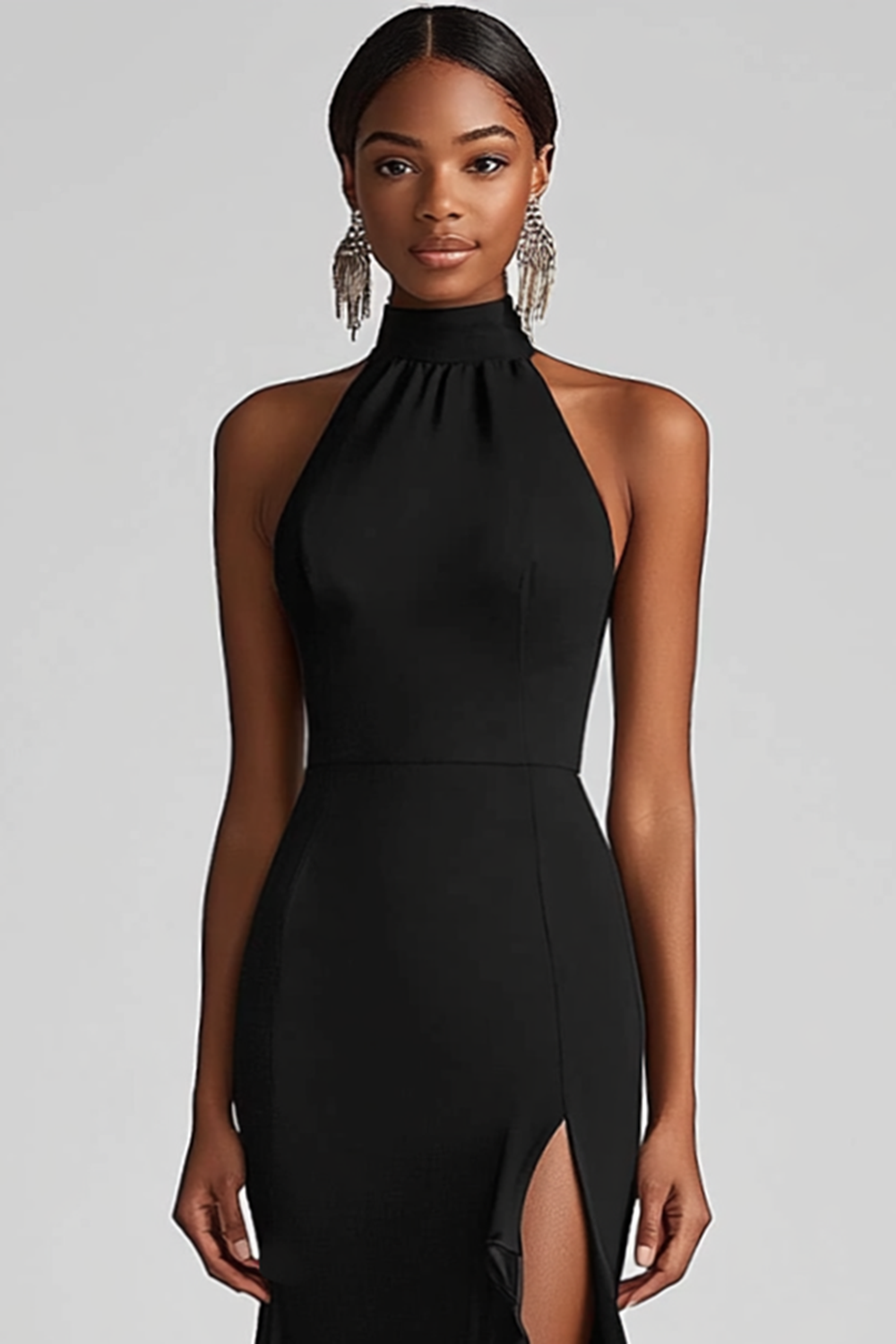Black Halter Mermaid Formal Dress with Ruffle Hem