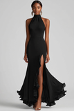 Black Halter Mermaid Formal Dress with Ruffle Hem