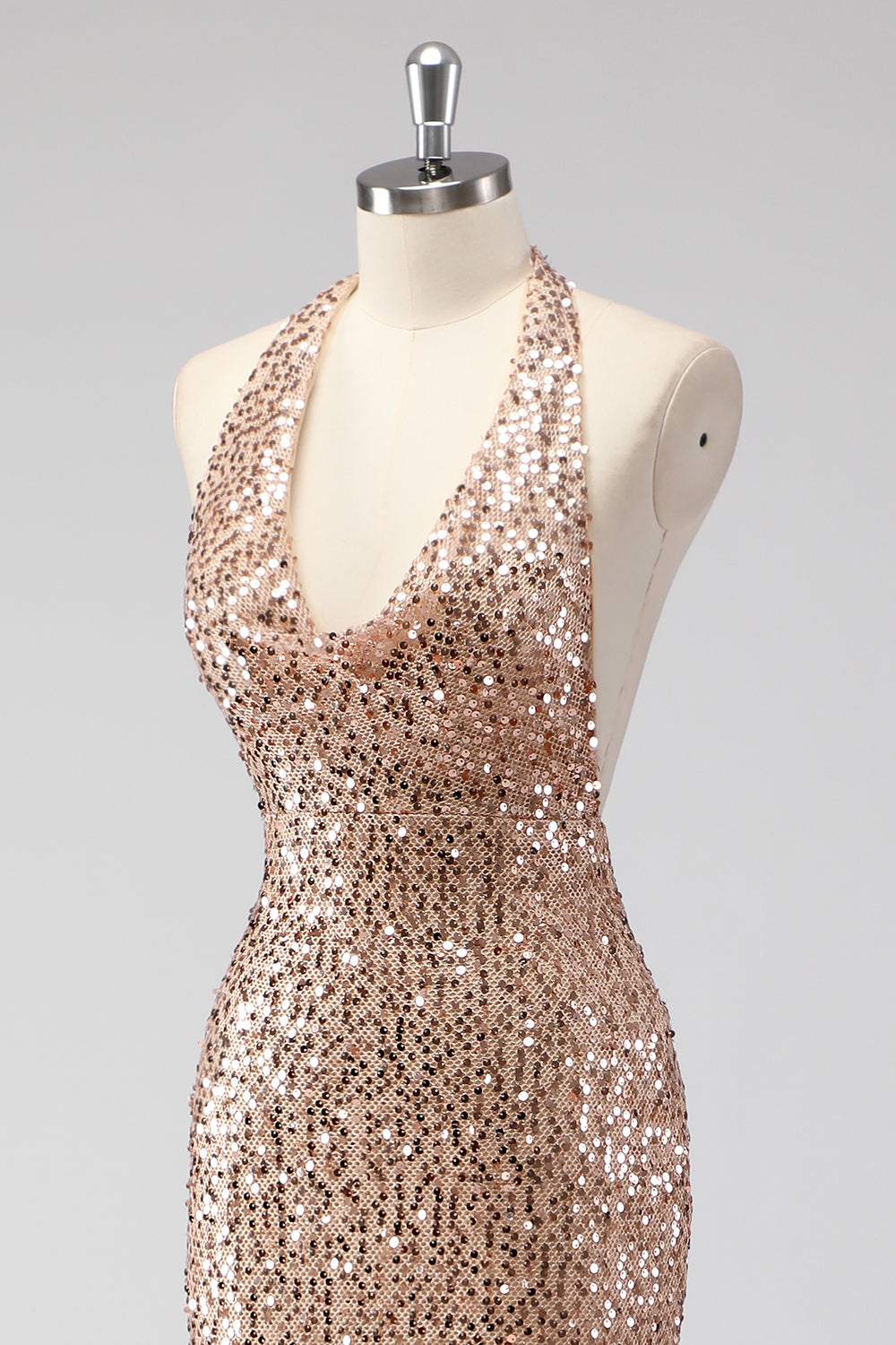 Sparkly Halter Backless Mermaid Champagne Prom Dress