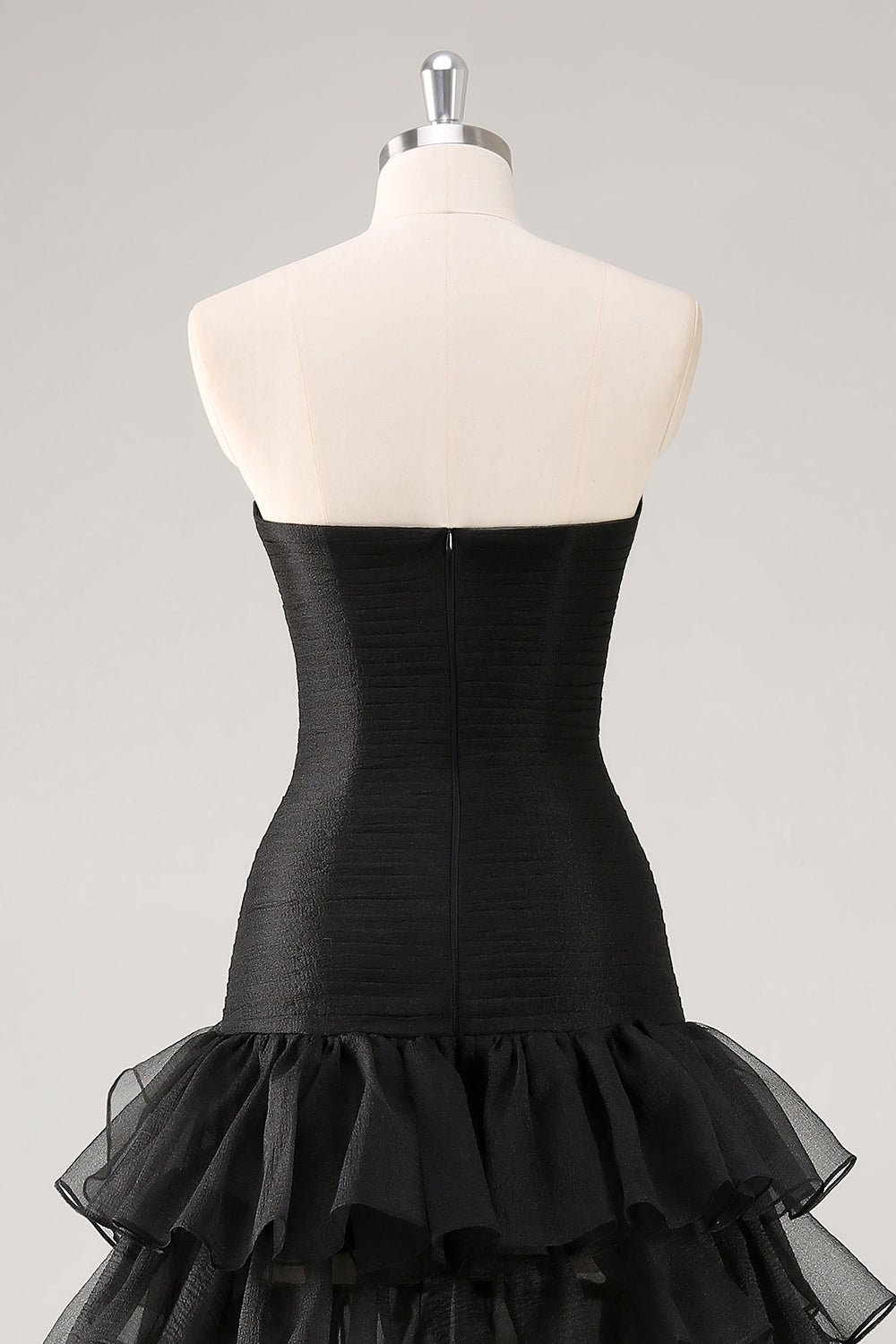 Tiered Strapless Ruffled Black Formal Dress with Slit
