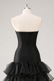 Tiered Strapless Ruffled Black Formal Dress with Slit