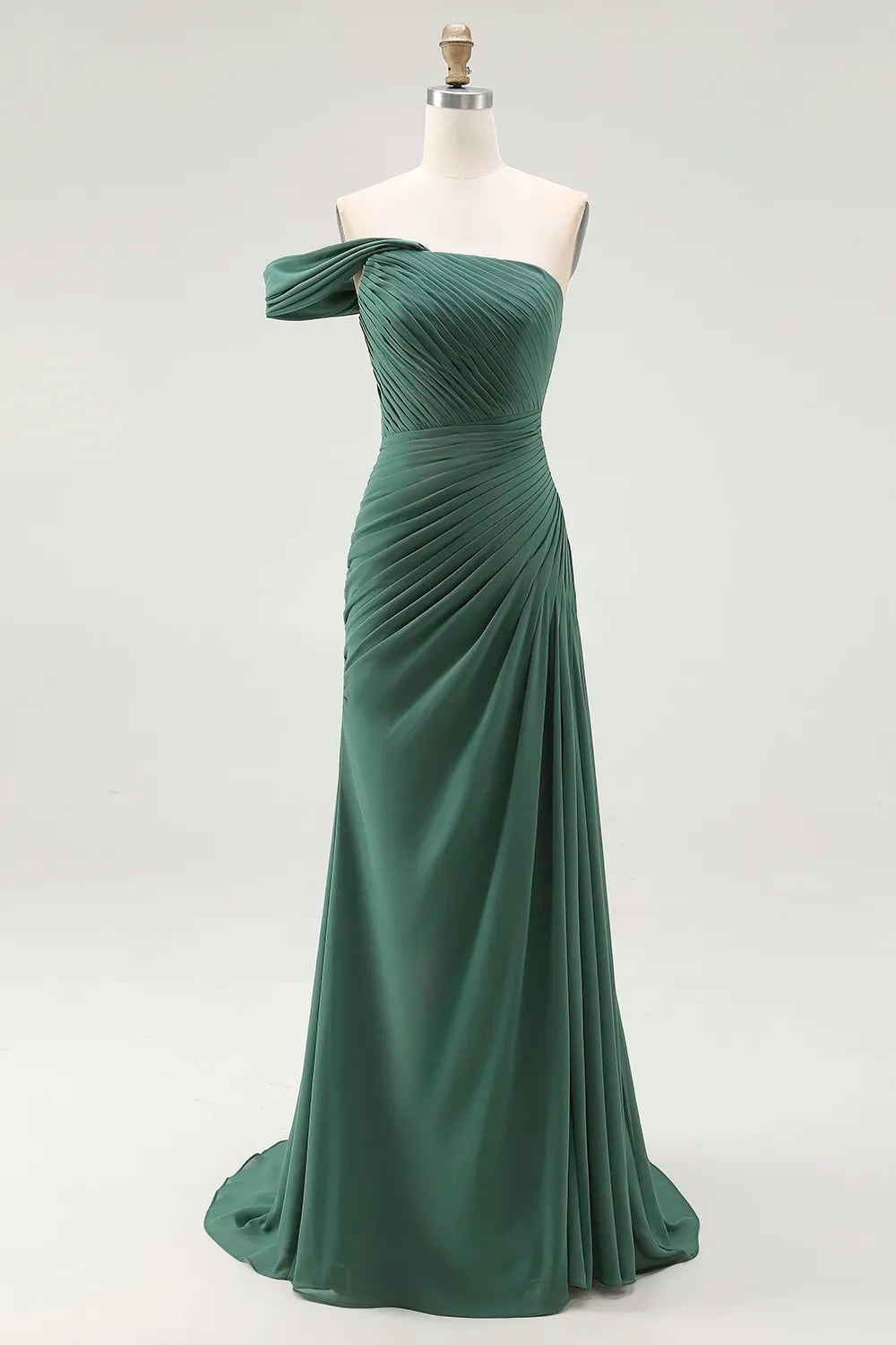 Dark Green One Shoulder Sheath Pleated Long Formal Dress