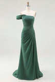 One Shoulder Sheath Pleated Dark Green Long Formal Dress