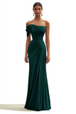 Dark Green One Shoulder Sheath Pleated Long Formal Dress