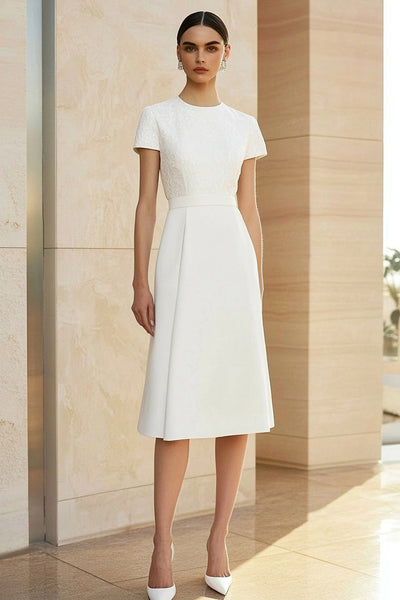 Berylove Women White Formal Dress with Short Sleeves Jacquard Round Neck Midi Wedding Guest Dress, White / US16