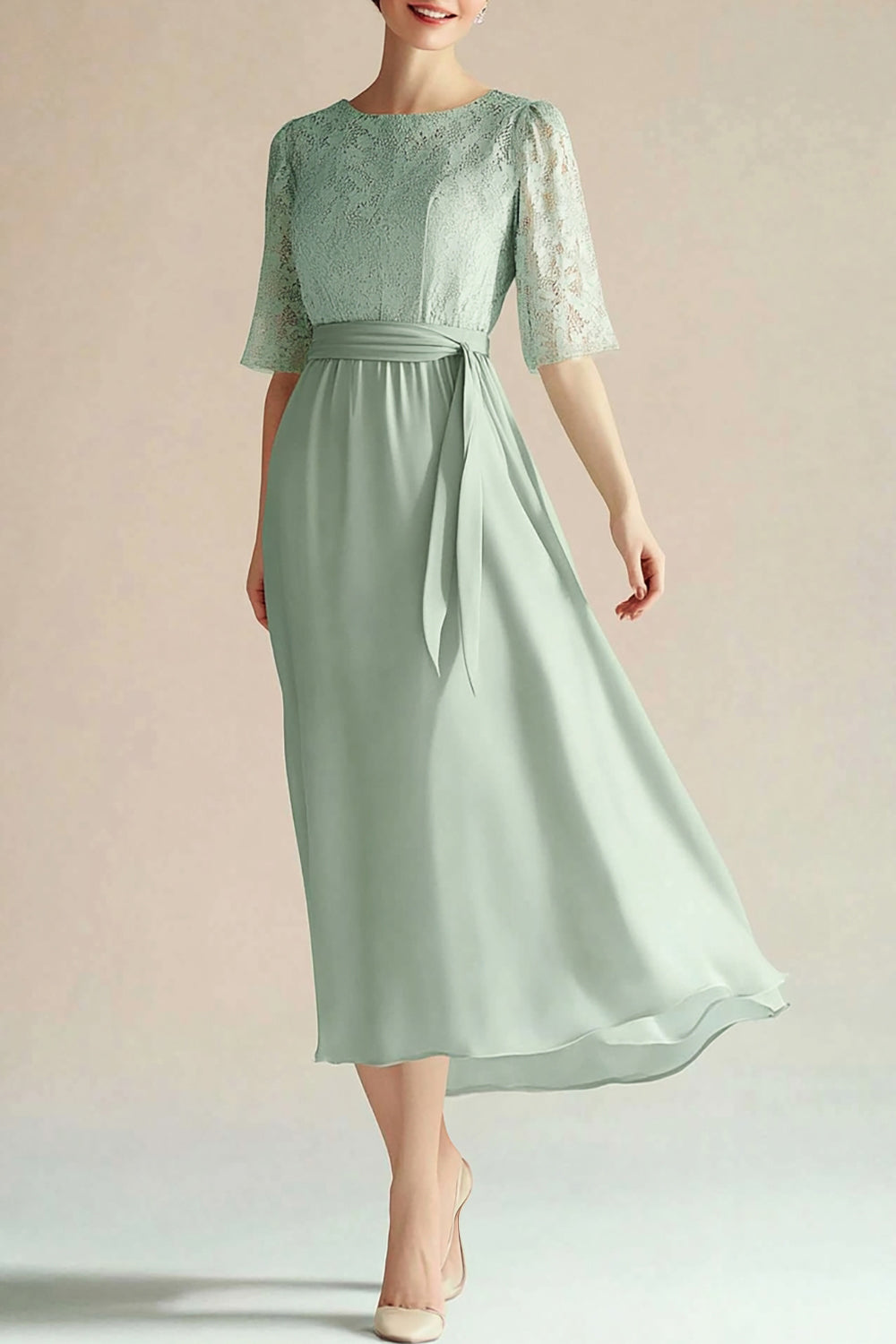Light Green Chiffon Lace Mother of the Bride Dress with Belt