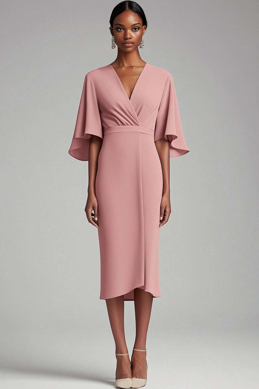 Chiffon Sheath V Neck Pink Midi Mother of the Bride Dress with Bell Sleeves
