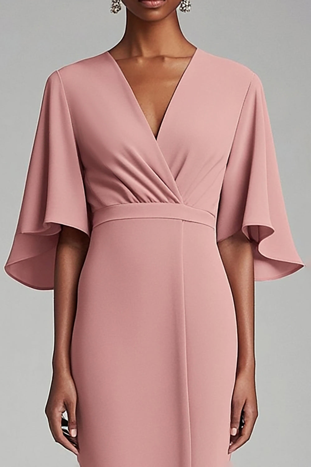 Chiffon Sheath V Neck Pink Midi Mother of the Bride Dress with Bell Sleeves