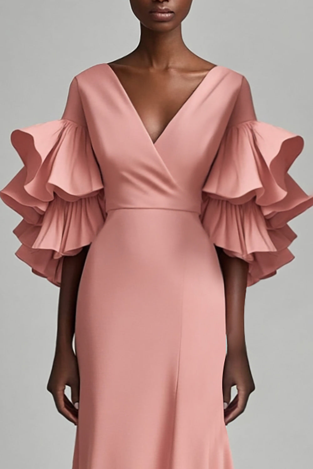 Pink Sheath V Neck Mother of the Bride Dress with Tiered Sleeves