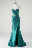 Dark Green Ruched Corset Satin Slit Mermaid Prom Dress with Lace-up Back